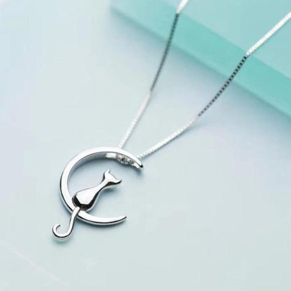 14k Gold Adorable Cat Moon Sterling Silver Necklace - Picture 7 of 16